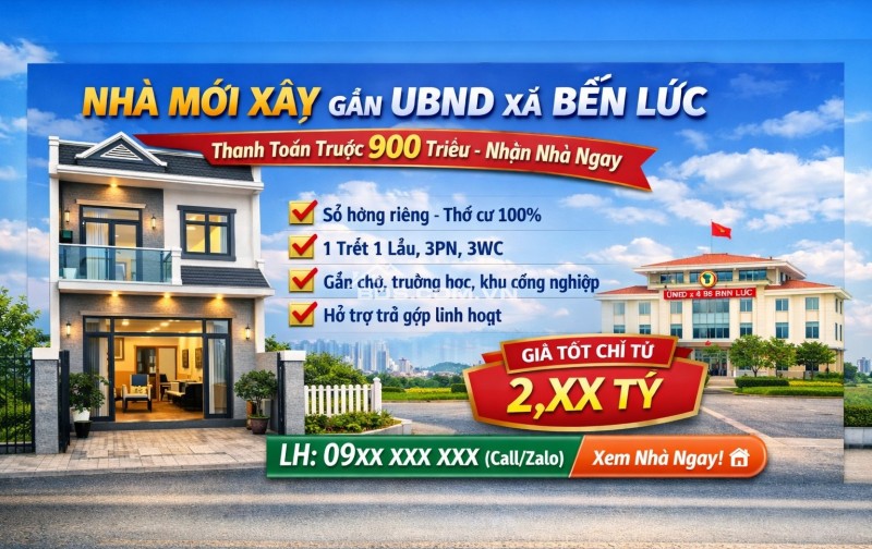 Nhà xây mới 2 tầng gần UBND xã Bến Lức , DT 100m2, nhận nhà ngay